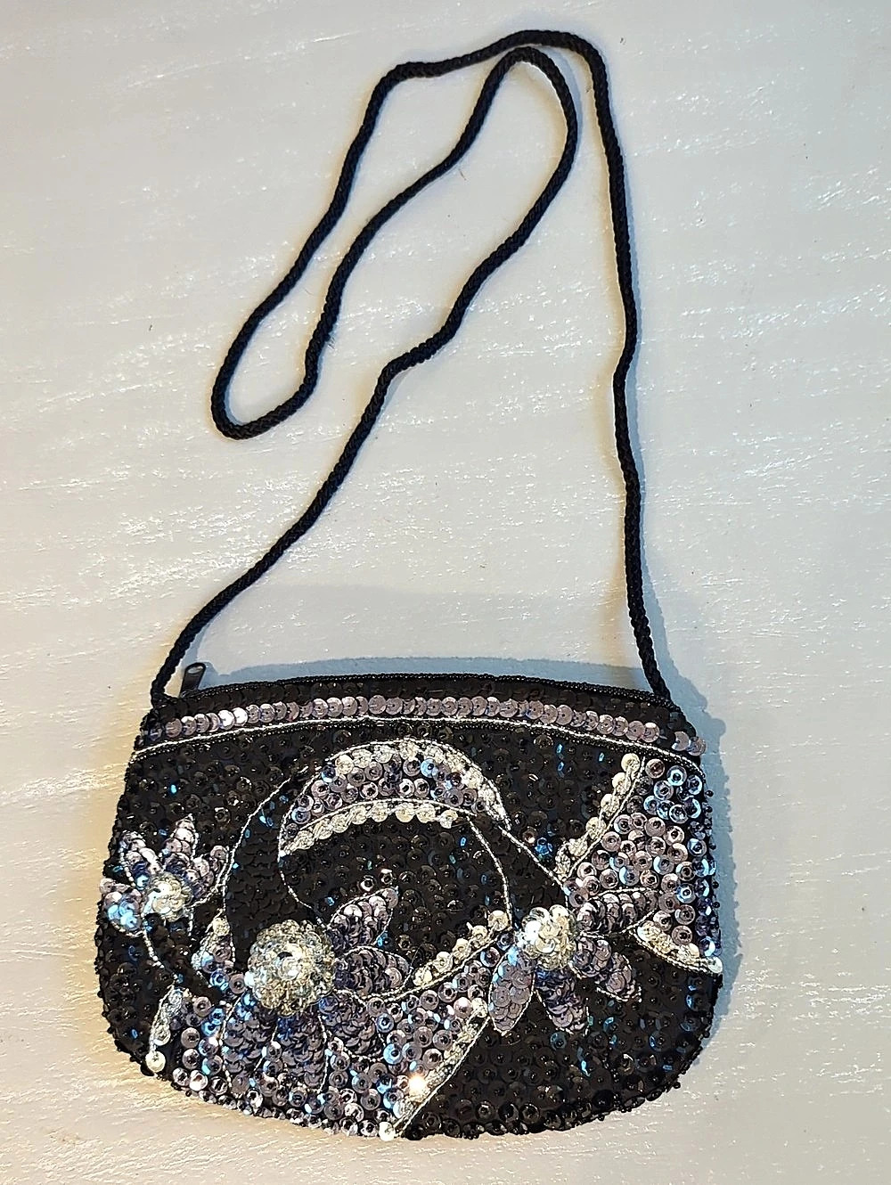 Vintage Sequin Floral Crossbody Bag in Black & Silver